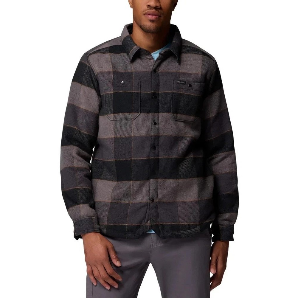 NWT Columbia Men's L Gray Black Plaid Sherpa Lined Shacket Polyester